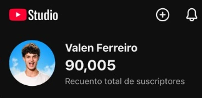YouTube Studio de Valen Ferreiro mostrando 90.005 suscriptores